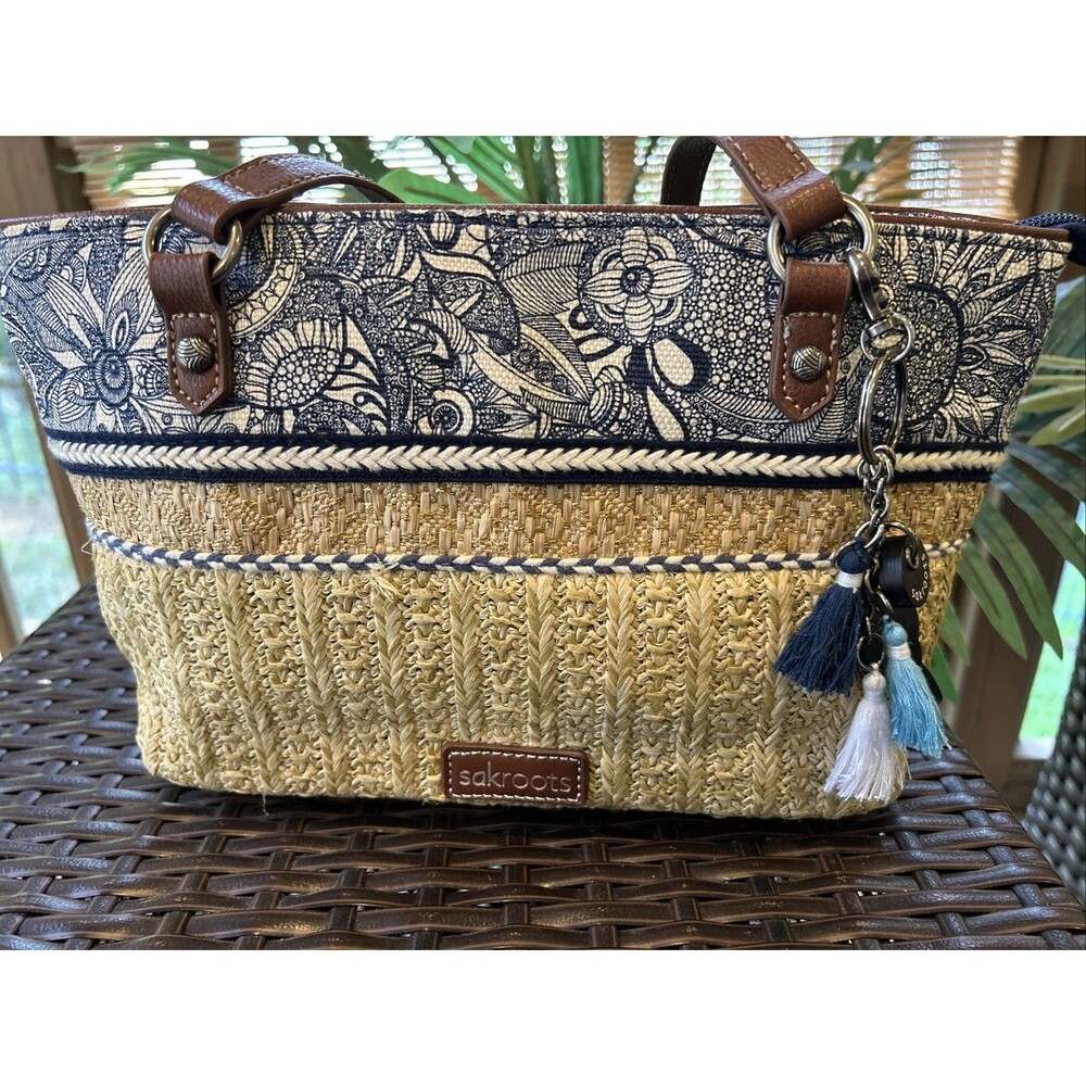 Sakroots Women’s Straw Satchel Tote Handbag Bag Floral Charm Pockets Zipper